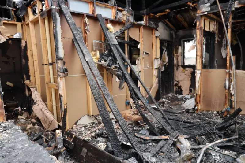 Burned upstairs room with fire damage