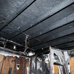 Burned ceiling and exposed beams