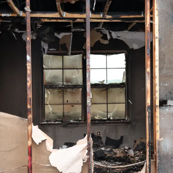 Close-up of a burned window frame before restoration work