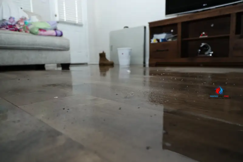Wet living room floor with a single boot in the background after a flooding event