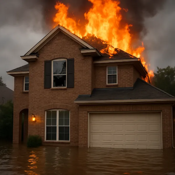 House showing both flooding and roof fire for fire and water restoration services